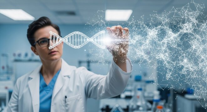 A scientist in a lab coat is examining a DNA strand on a transparent screen.