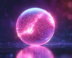 Glowing orb on reflective surface, radiating with pink and purple energy filaments