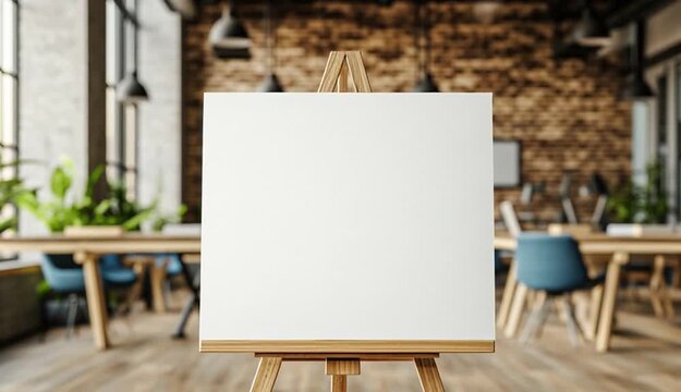 Professional interior photography, wooden easel with blank white canvas board in center, colorful markers on bottom tray, modern office or coworking space background
