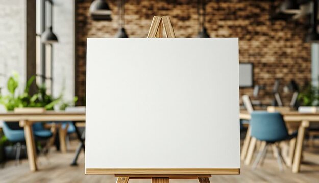 Professional interior photography, wooden easel with blank white canvas board in center, colorful markers on bottom tray, modern office or coworking space background
