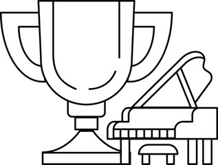 A cup with a trophy on top and a piano in the background