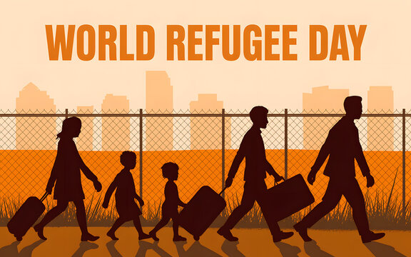 world refugee day illustration with silhouettes of refugees walking towards hope