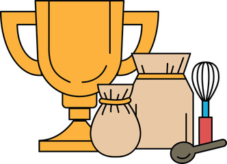 A gold trophy sits on a table next to a whisk, a bag, and a spoon