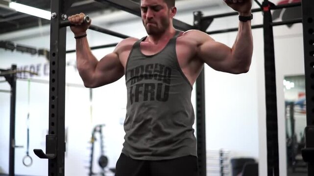 A muscular man with a focused expression performs an upper body workout on a pull-up bar in a gym.