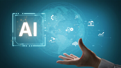 Concept of an enterprise Artificial Intelligence platform. The system integrates with various business processes like data analysis, cloud computing, and automation for growth. Fermion