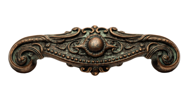 Ornate Vintage Metal Drawer Pull With Green Patina