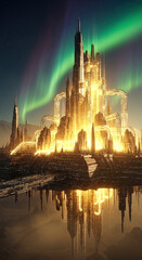 Fototapeta premium Futuristic cryptocurrency mining city with aurora borealis and golden lights