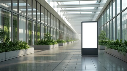Bright Minimalist Corridor with Glass Walls and Greenery