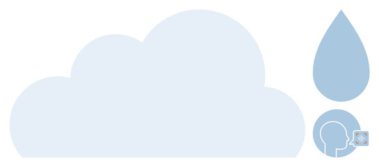 Large blue cloud beside raindrop and head with speech bubble connected to cloud visualizing weather, communication, and environment. Ideal for data storage, nature, ecology, technology, dialogue