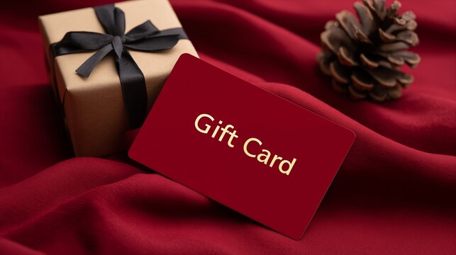 Red gift card on red fabric with small kraft box and pine cone, holiday flat lay with copy space