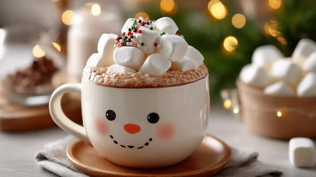 Cheerful snowman mug filled with hot cocoa, topped with fluffy marshmallows and colorful sprinkles, glowing bokeh lights creating a cozy festive winter scene