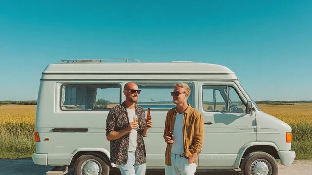 Road Trip Bliss: Two companions enjoy a relaxing moment during a road trip with a vintage van. The vast sky and open road promise adventure and camaraderie. 