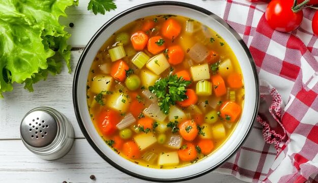 Homemade vegetable soup with carrots, potatoes, onions and celery in white enamel bowl with black rim, garnished with fresh green herbs, served on white wooden table, fresh lettuce leaves, cherry to