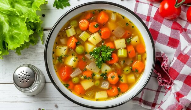 Homemade vegetable soup with carrots, potatoes, onions and celery in white enamel bowl with black rim, garnished with fresh green herbs, served on white wooden table, fresh lettuce leaves, cherry to