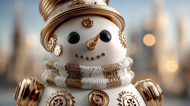 Classy steampunk snowman with golden gears and cozy knit scarf, joyfully celebrating the holidays against a festive bokeh lit winter backdrop filled with warm lights