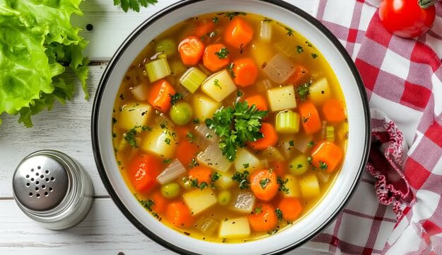 Homemade vegetable soup with carrots, potatoes, onions and celery in white enamel bowl with black rim, garnished with fresh green herbs, served on white wooden table, fresh lettuce leaves, cherry to