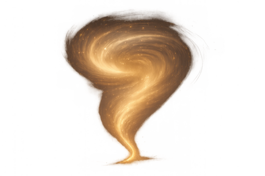 Golden glitter vortex creating a spiral motion on transparent background representing magic and energy