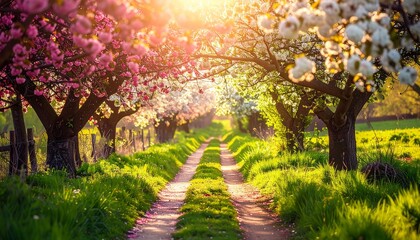 Obraz premium Pathway surrounded by blooming trees covered in vibrant spring blossoms, peaceful seasonal countryside scene