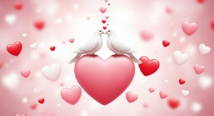 Two doves with hearts on a pink background. The love concept of romantic and affectionate.