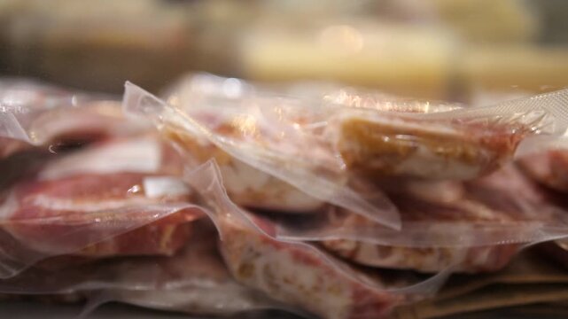 Top down closeup of fresh meat products sealed in vacuum packaging, neatly arranged in rows and stacks. This clip represents quality control, supermarket inventory, food retail, and modern packaging