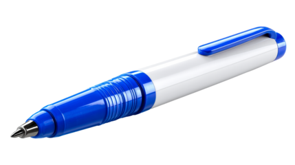 Blue and white ballpoint pen lying on white surface