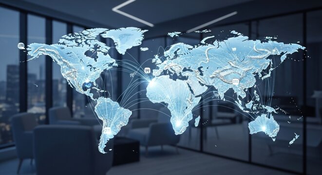 A world map with glowing connections and icons, set against a modern office background.