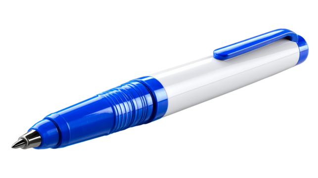 Blue and white ballpoint pen lying on white surface
