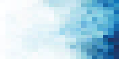 Abstract background with a modern mosaic pattern of blue pixelated squares fading to white.