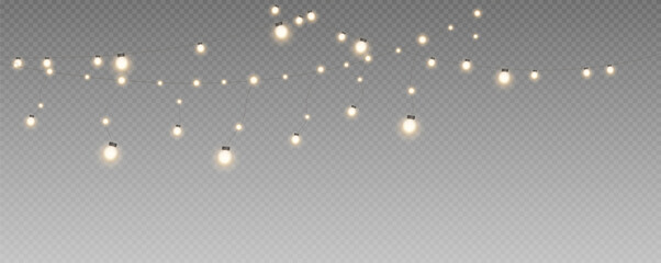 Christmas garland isolated on transparent background. Glowing colorful light bulbs with sparkles.Xmas, New Year, wedding or Birthday decor. Party event decoration. Winter holiday season element.