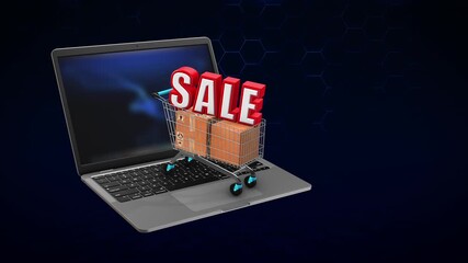 Online Shopping Cart with Boxes and SALE Text on Laptop Screen