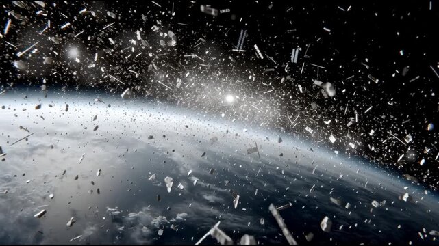 Chaotic scene of space debris and junk creating critical pollution in Earth orbit, dangerous threat to our environment from satellite waste