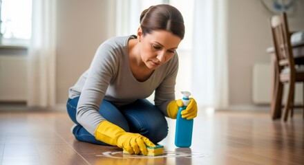 Woman in yellow gloves cleaning a wooden floor with a sponge. Housewife doing domestic chores and housekeeping at home. Hygiene and cleanliness concept.