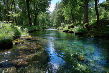 Clear river flows through lush green forest under bright sunlight in summer