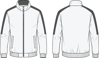 Men’s track jacket technical flat sketch vector illustration with sporty contrast panels, ribbed cuffs, zipper pockets, fashion apparel design template © Anu's World