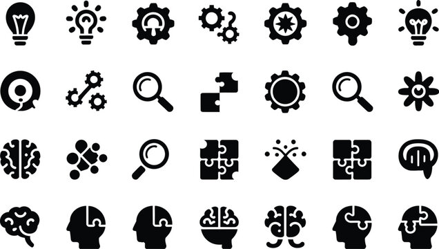 Collection of black silhouette icons representing innovation ideas brainstorming problem solving and creative thinking concepts for digital design and business presentations