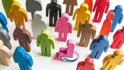 wooden figures representing diversity with people of different color and gender and inclusion of wheelchair user