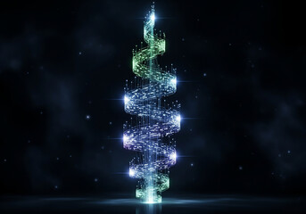 Glowing green and purple particle spiral column of light, representing data stream, DNA, and futuristic energy against a dark abstract background