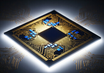 High-tech diamond-shaped microchip in gold and blue, representing innovation, advanced computing, and data processing with a glowing halo