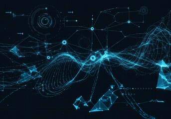 Abstract blue futuristic digital data visualization with network nodes and flowing wave lines, representing big data and global connectivity