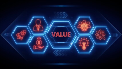 Digital value concept with neon icons and hexagons business technology