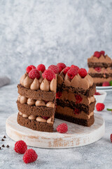 Naked chocolate raspberry cake with chocolate cream filling on a board on a concrete background.