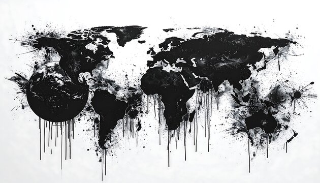 Black paint splattered into a world map, with an earth-globe on the left. White background. Dripping effect