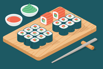 Sushi rolls assembled on a cutting board.
