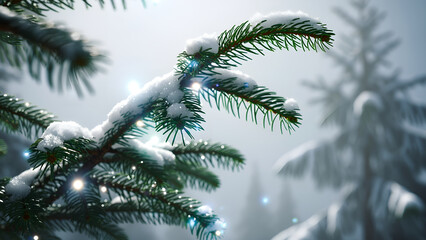 Obraz premium A close-up view of a pine branch dusted with snow, glistening in soft light against a blurred winter background.