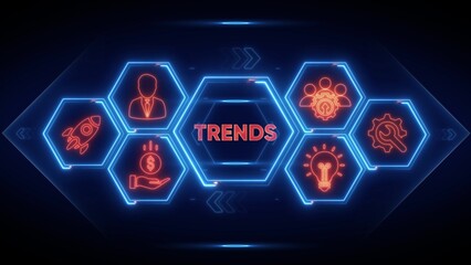 Neon Hexagon Icons Representing Business Trends Concepts idea innovation