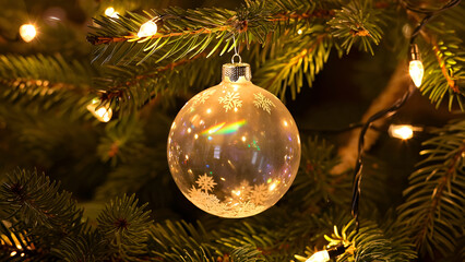 A delicate glass Christmas ornament hangs from a pine tree branch, surrounded by warm lights and festive decorations.