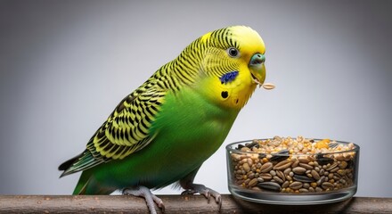 Green budgerigar parakeet eating seeds from a glass bowl. Close-up of a domestic pet bird on a perch. Avian nutrition and pet care with copy space.