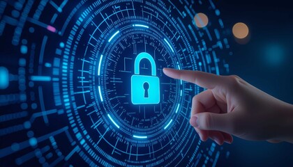 A hand touching a digital interface with a glowing lock symbol representing advanced cybersecurity protection