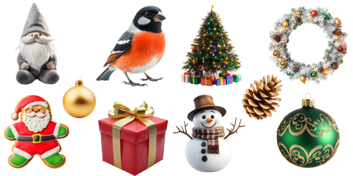 A large set of various New Year's objects isolated on a transparent background in PNG: decorative Gnome, bullfinch, Christmas tree, Christmas wreath, Santa's cookie, Christmas tree ball, snowman, gift