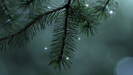 Obraz premium A close-up view of an evergreen branch featuring sharp needles and soft glowing lights in a blurred background.